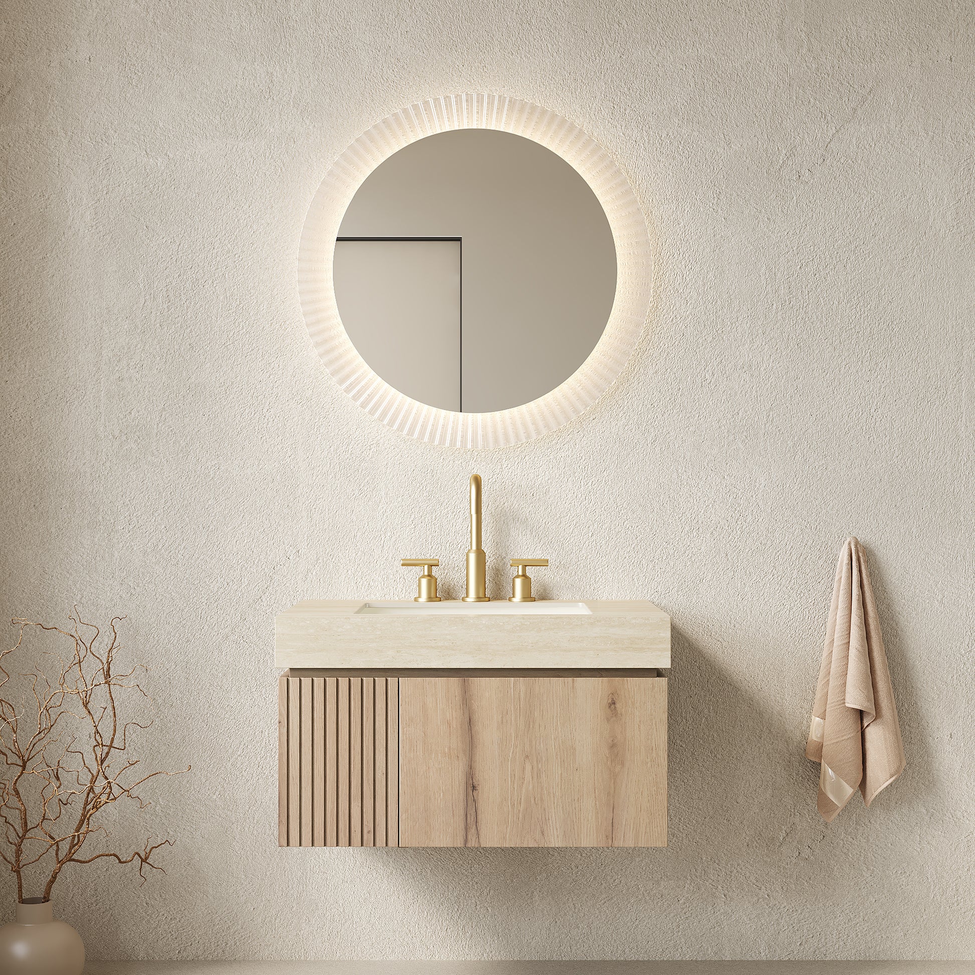 MURI 30" Bathroom Vanity&Sink, Floating Plywood Storage Cabinet with Drawer&Door, Roma Travertine Sintered Stone Top&Ceramic Basin with 3 Pre-drilled Faucet Holes, Pre-assembled, White Oak Woodgrain