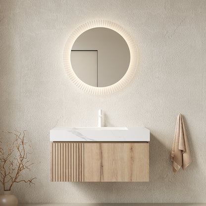 MURI 36" Bathroom Vanity&Sink, Floating Plywood Storage Cabinet with Drawer&Door, Carrara White Sintered Stone Top&Ceramic Basin with 1 Pre-drilled Faucet Hole, Pre-assembled, White Oak Woodgrain
