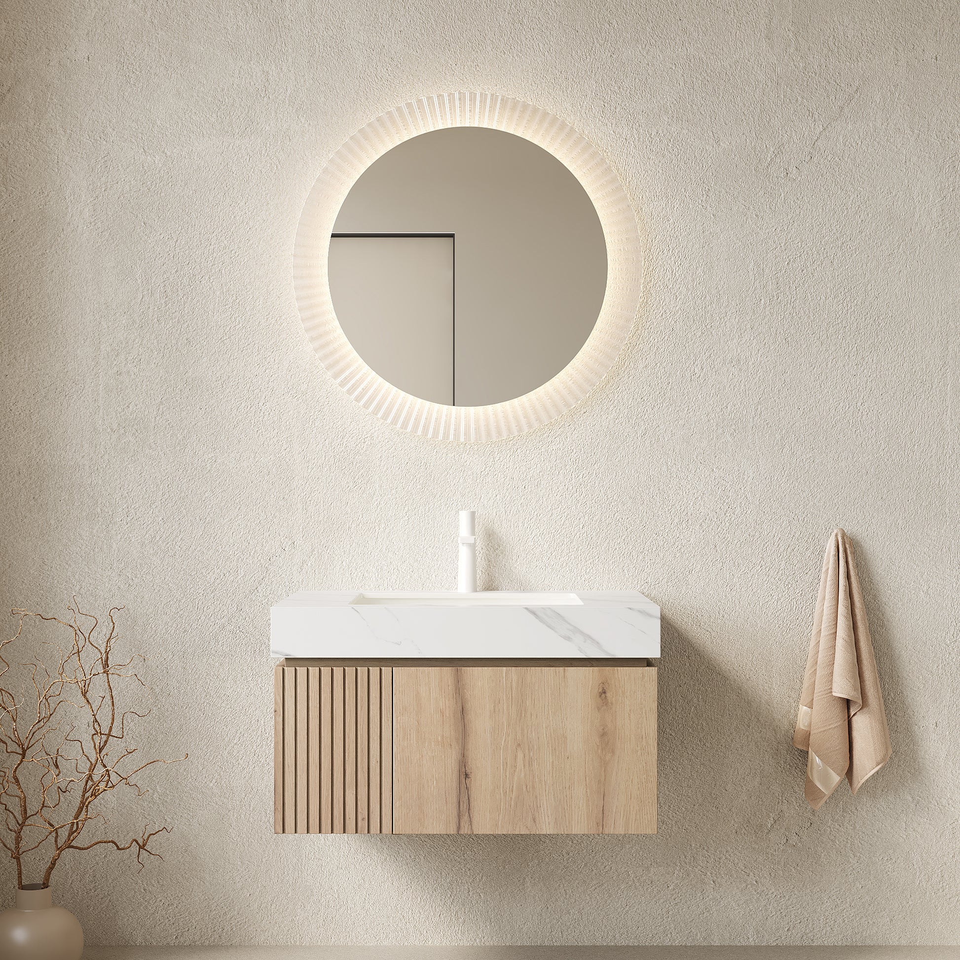 MURI 30" Bathroom Vanity&Sink, Floating Plywood Storage Cabinet with Drawer&Door, Carrara White Sintered Stone Top&Ceramic Basin with 1 Pre-drilled Faucet Hole, Pre-assembled, White Oak Woodgrain