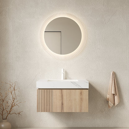 MURI 30" Bathroom Vanity&Sink, Floating Plywood Storage Cabinet with Drawer&Door, Carrara White Sintered Stone Top&Ceramic Basin with 1 Pre-drilled Faucet Hole, Pre-assembled, White Oak Woodgrain