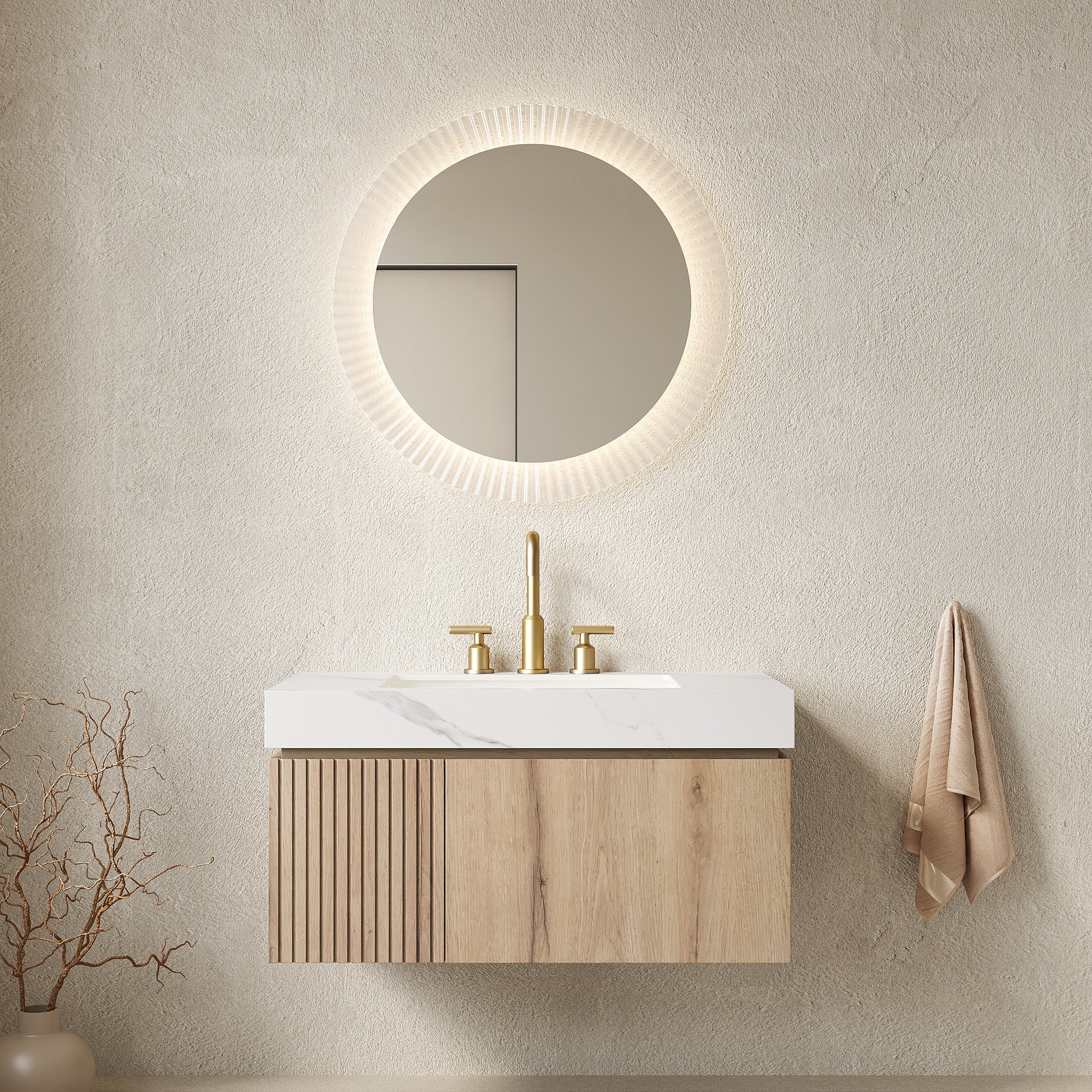 MURI 36" Bathroom Vanity&Sink, Floating Plywood Storage Cabinet with Drawer&Door, Carrara White Sintered Stone Top&Ceramic Basin with 3 Pre-drilled Faucet Holes, Pre-assembled, White Oak Woodgrain