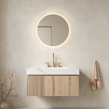 MURI 36" Bathroom Vanity&Sink, Floating Plywood Storage Cabinet with Drawer&Door, Carrara White Sintered Stone Top&Ceramic Basin with 3 Pre-drilled Faucet Holes, Pre-assembled, White Oak Woodgrain