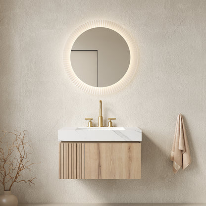 MURI 30" Bathroom Vanity&Sink, Floating Plywood Storage Cabinet with Drawer&Door, Carrara White Sintered Stone Top&Ceramic Basin with 3 Pre-drilled Faucet Holes, Pre-assembled, White Oak Woodgrain