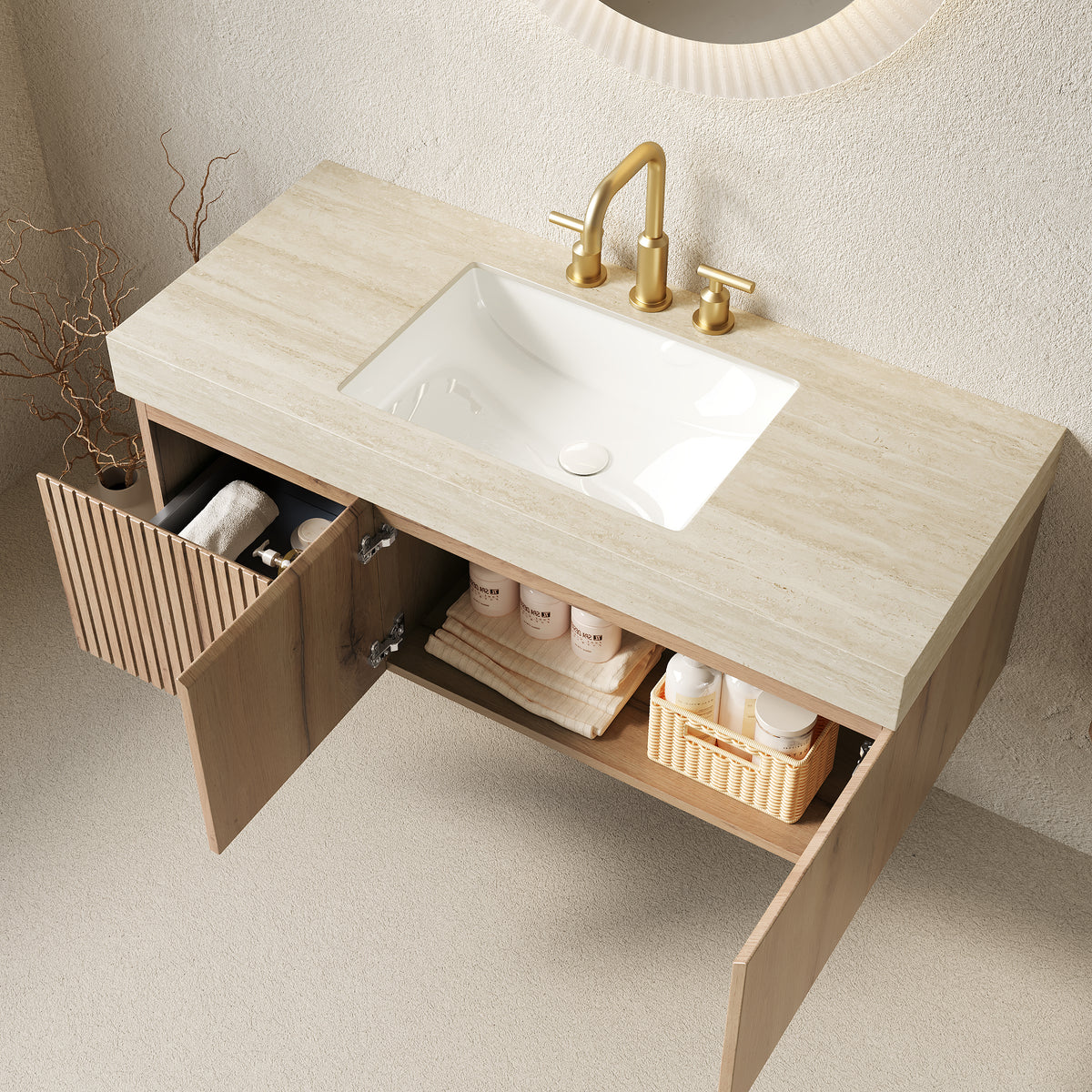 White Oak Sintered Stone Vanity for Bathroom Renovation