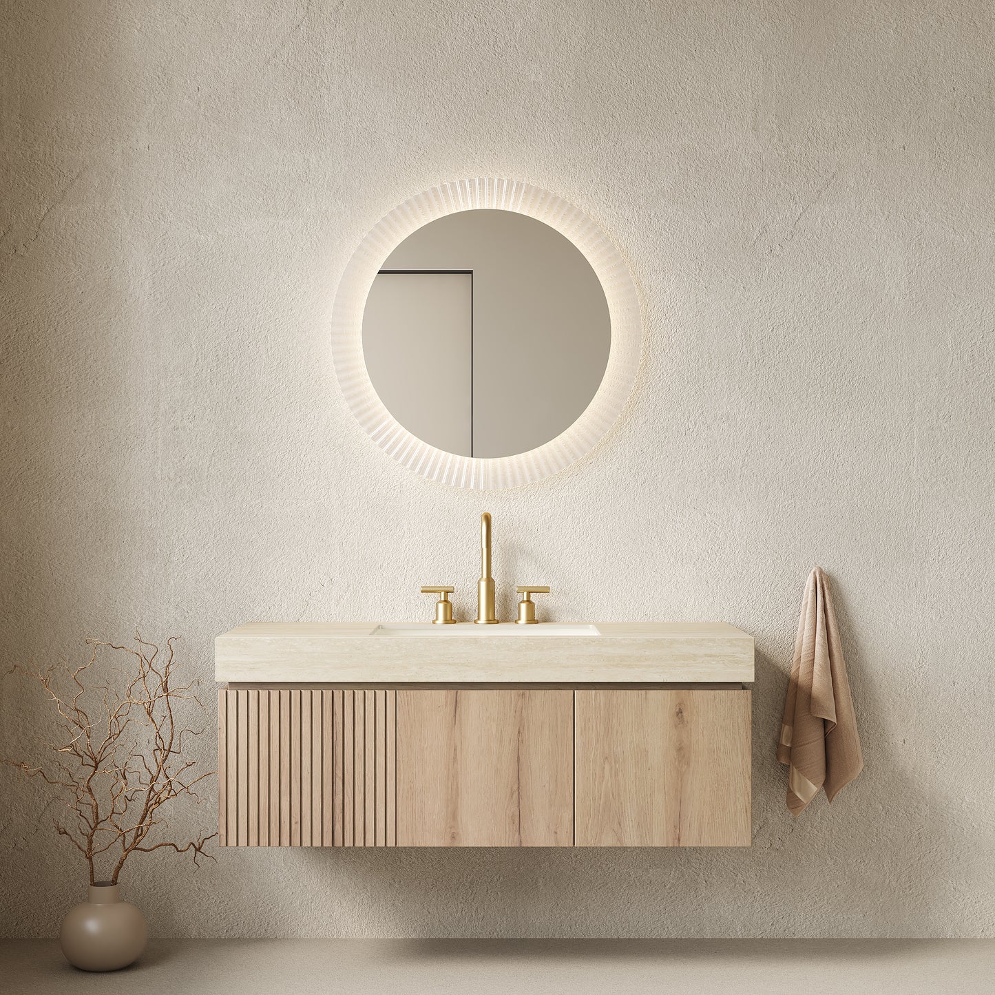 MURI 48" Bathroom Vanity&Sink, Floating Plywood Storage Cabinet with Drawer&Doors, Roma Travertine Sintered Stone Top&Ceramic Basin with 3 Pre-drilled Faucet Holes, Pre-assembled, White Oak Woodgrain