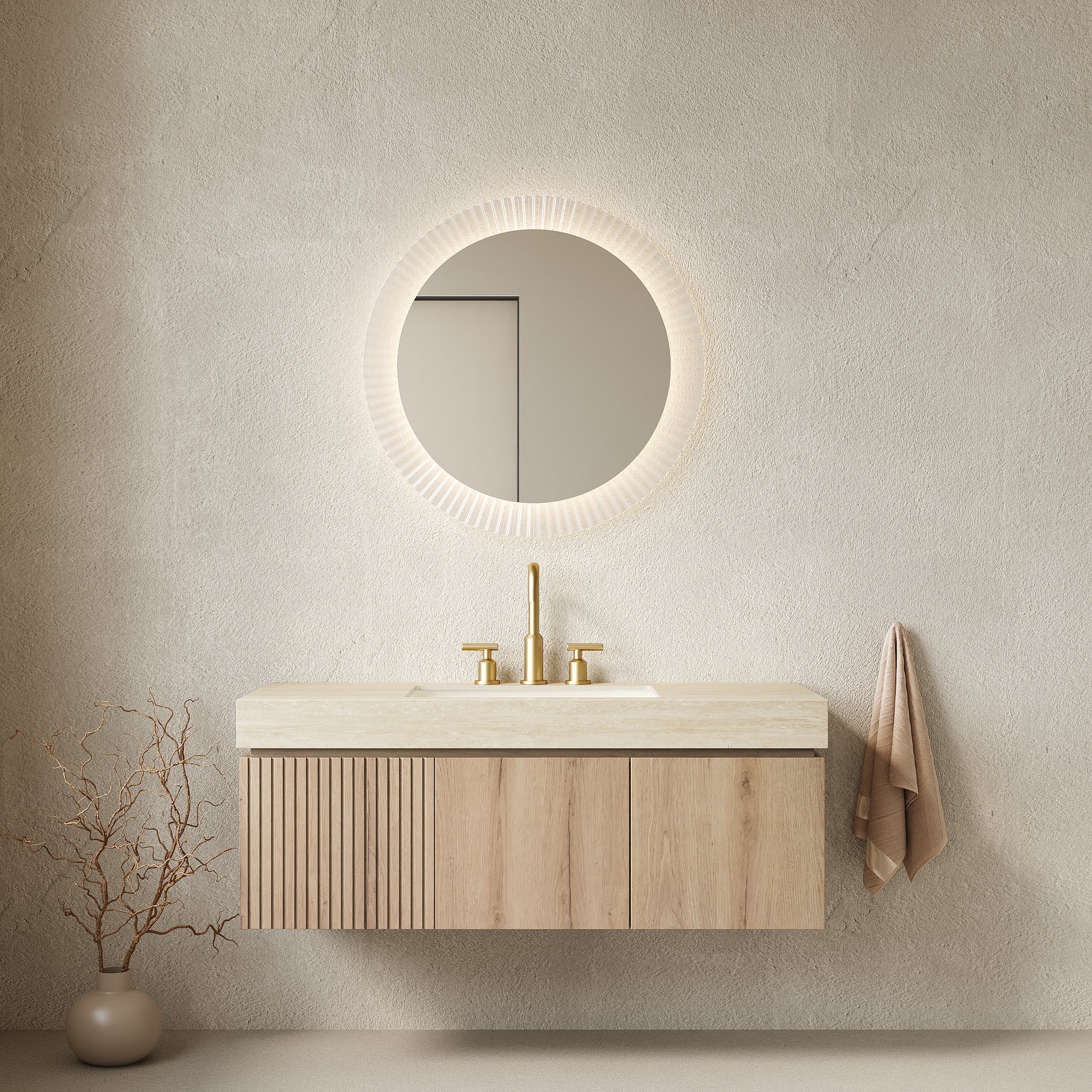 MURI 48" Bathroom Vanity&Sink, Floating Plywood Storage Cabinet with Drawer&Doors, Roma Travertine Sintered Stone Top&Ceramic Basin with 3 Pre-drilled Faucet Holes, Pre-assembled, White Oak Woodgrain