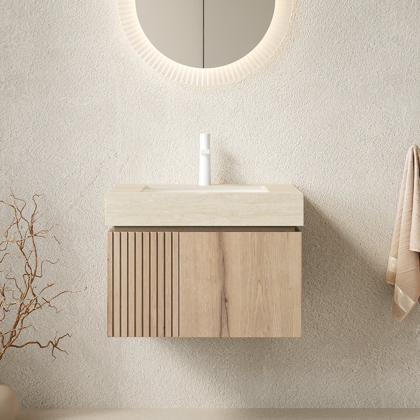 MURI 24" Bathroom Vanity&Sink, Floating Plywood Storage Cabinet with 2 Doors, Roma Travertine Sintered Stone Top&Ceramic Basin with 1 Pre-drilled Faucet Hole, Pre-assembled, White Oak Woodgrain