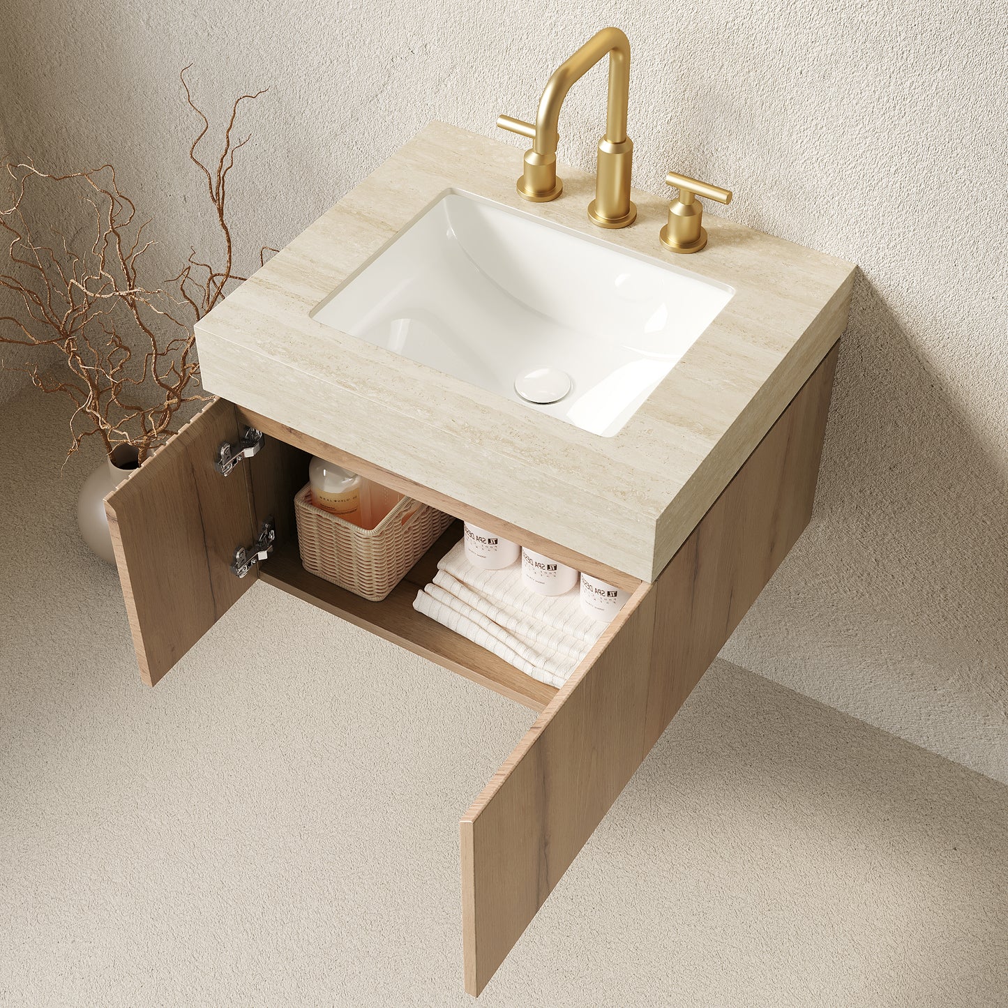 MURI 24" Bathroom Vanity & Sink - Beige, White Oak