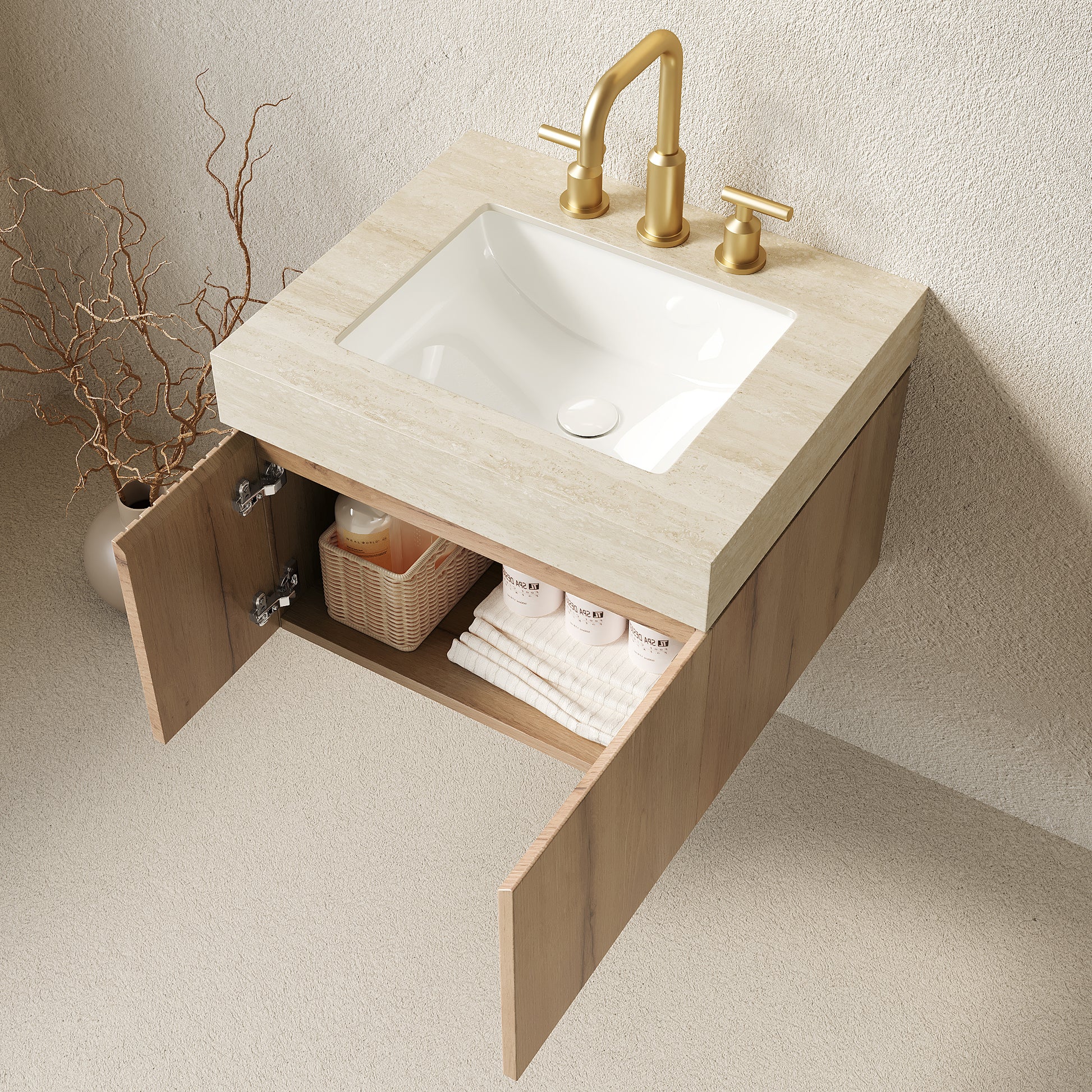 MURI 24" Bathroom Vanity & Sink - Beige, White Oak