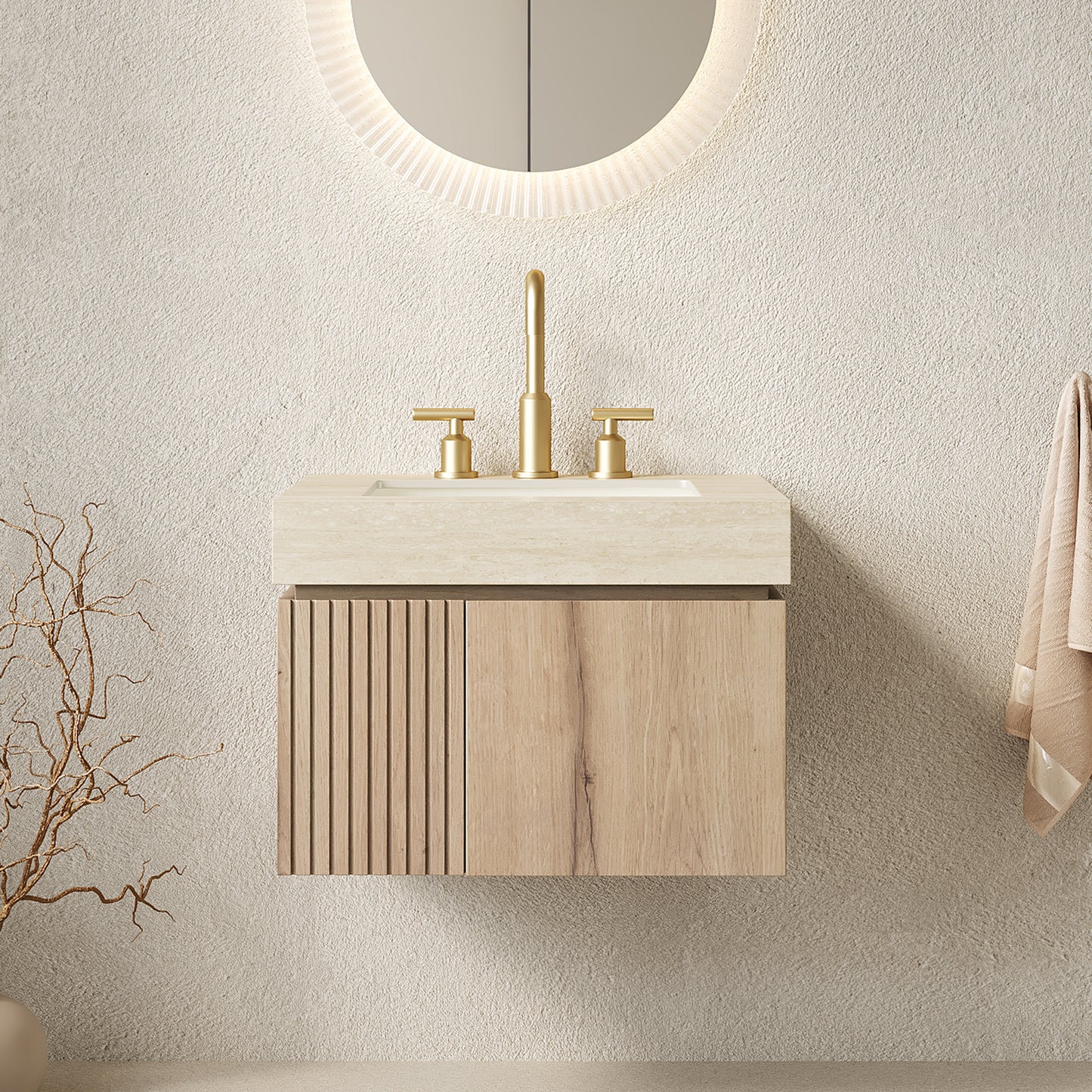 MURI 24" Bathroom Vanity&Sink, Floating Plywood Storage Cabinet with 2 Doors, Roma Travertine Sintered Stone Top&Ceramic Basin with 3 Pre-drilled Faucet Holes, Pre-assembled, White Oak Woodgrain