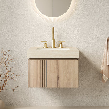 MURI 24" Bathroom Vanity&Sink, Floating Plywood Storage Cabinet with 2 Doors, Roma Travertine Sintered Stone Top&Ceramic Basin with 3 Pre-drilled Faucet Holes, Pre-assembled, White Oak Woodgrain