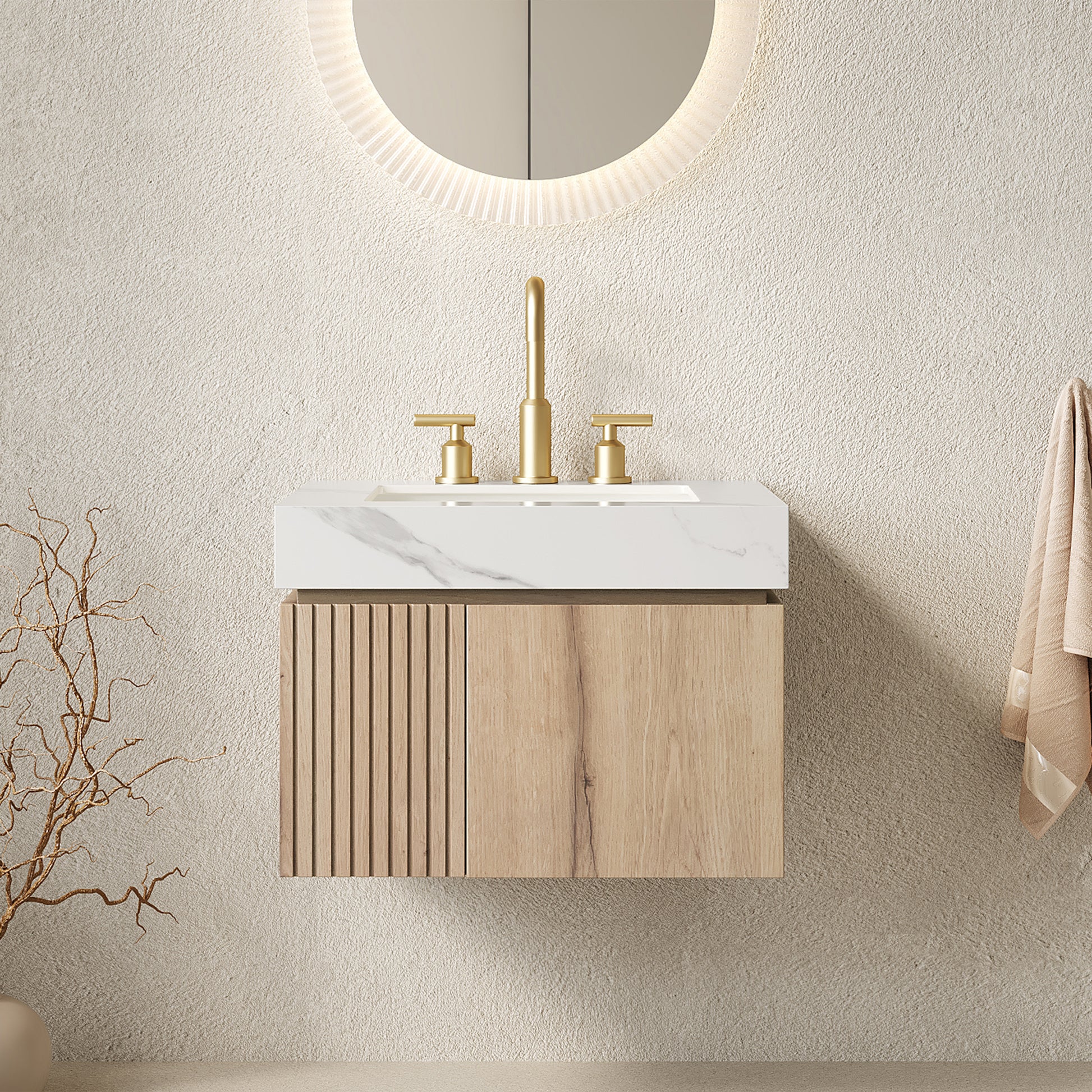 MURI 24" Bathroom Vanity&Sink, Floating Plywood Storage Cabinet with 2 Doors, Carrara White Sintered Stone Top&Ceramic Basin with 3 Pre-drilled Faucet Holes, Pre-assembled, White Oak Woodgrain