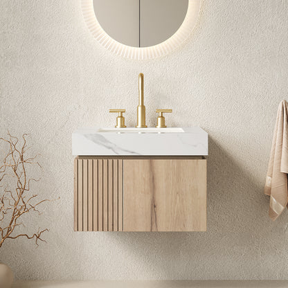 MURI 24" Bathroom Vanity&Sink, Floating Plywood Storage Cabinet with 2 Doors, Carrara White Sintered Stone Top&Ceramic Basin with 3 Pre-drilled Faucet Holes, Pre-assembled, White Oak Woodgrain