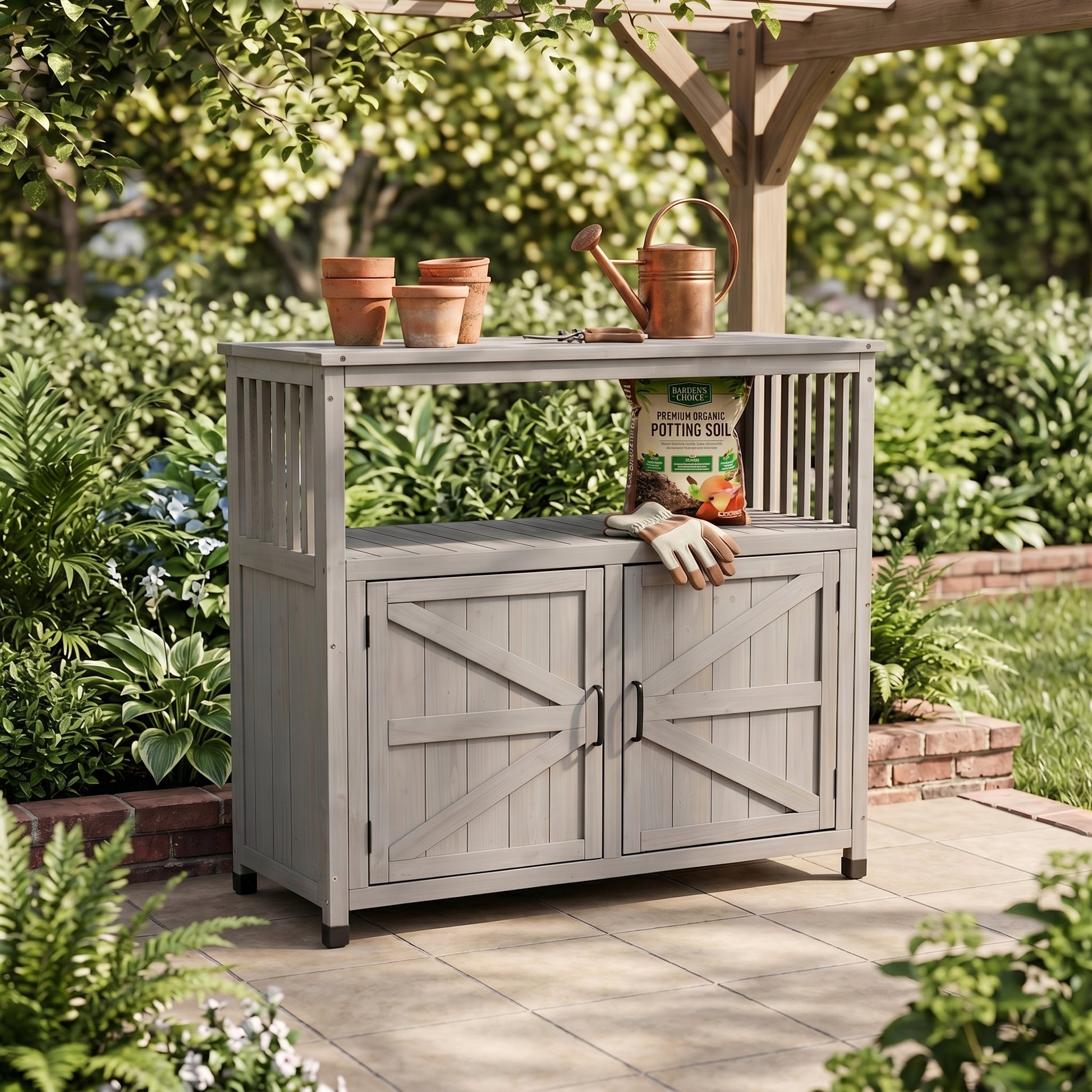 Wooden Patio Bar Table Set with Storage, Buffet Cabinet Sideboard for Outdoor and Indoor