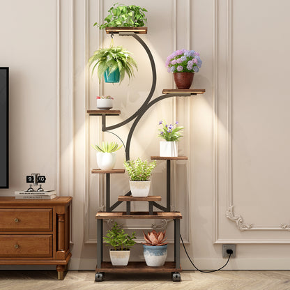 Plant Stand Indoor with Grow Lights - 62" Tall Plant Shelf, Lighted Corner Plant Stands for Indoor Growing, 8 Tiered Large Flower Holder, S-Shaped Decorative Rack for Living Room (WALNUT COLOR)