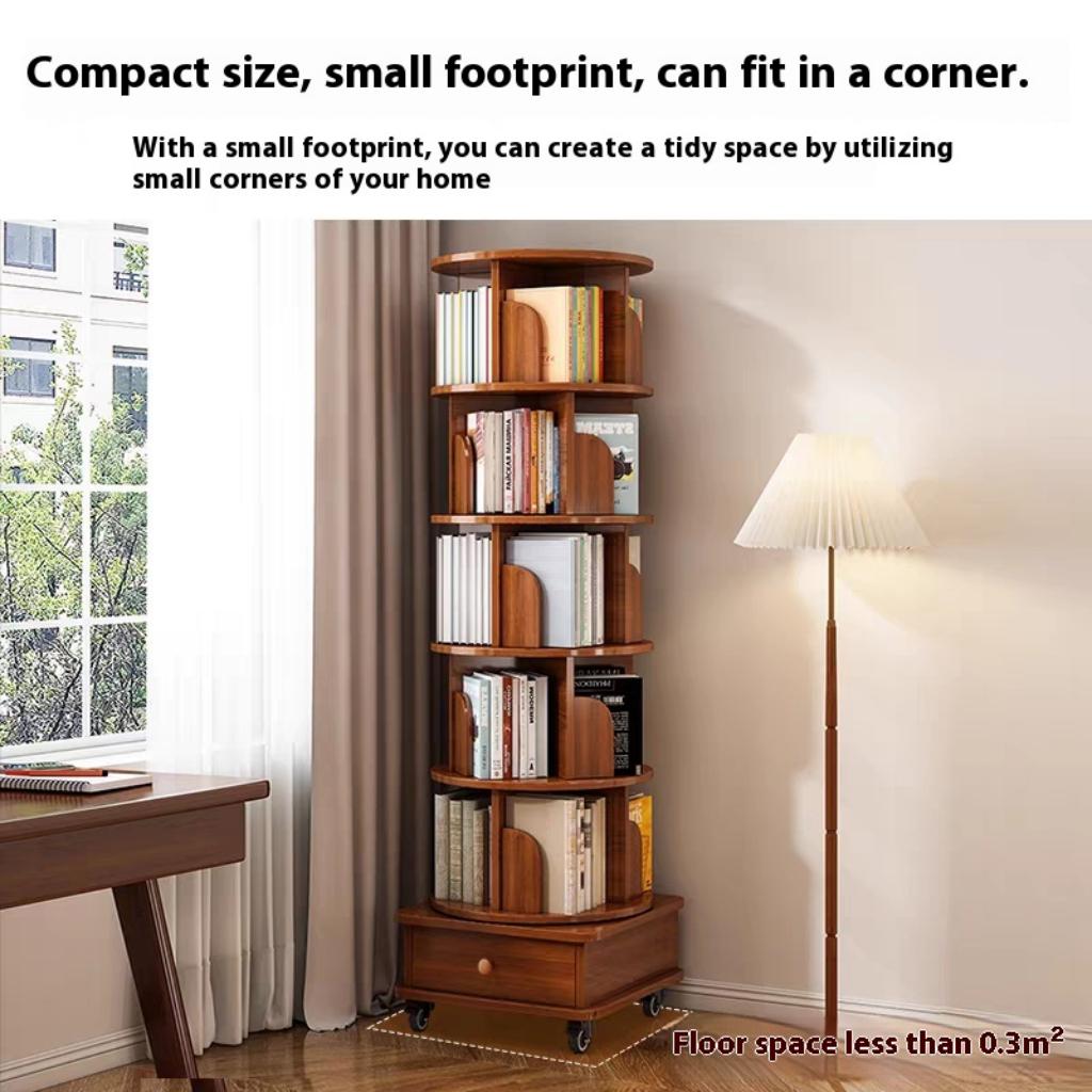 Rotating Bookshelf - 6 Tier Walnut Brown Corner Display Rack for Living Room