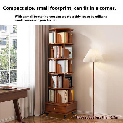 Rotating Bookshelf - 6 Tier Walnut Brown Corner Display Rack for Living Room