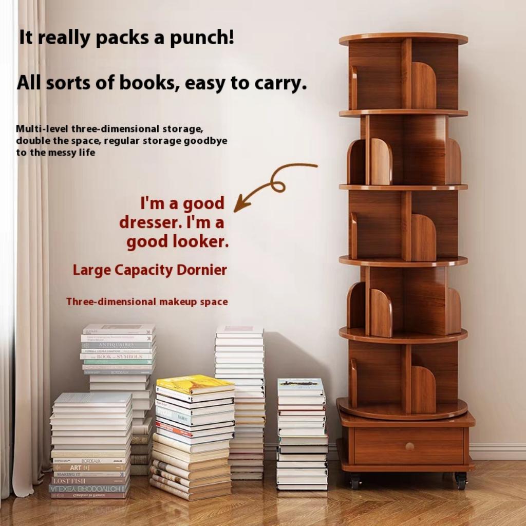 Rotating Bookshelf - 6 Tier Walnut Brown Corner Display Rack for Living Room