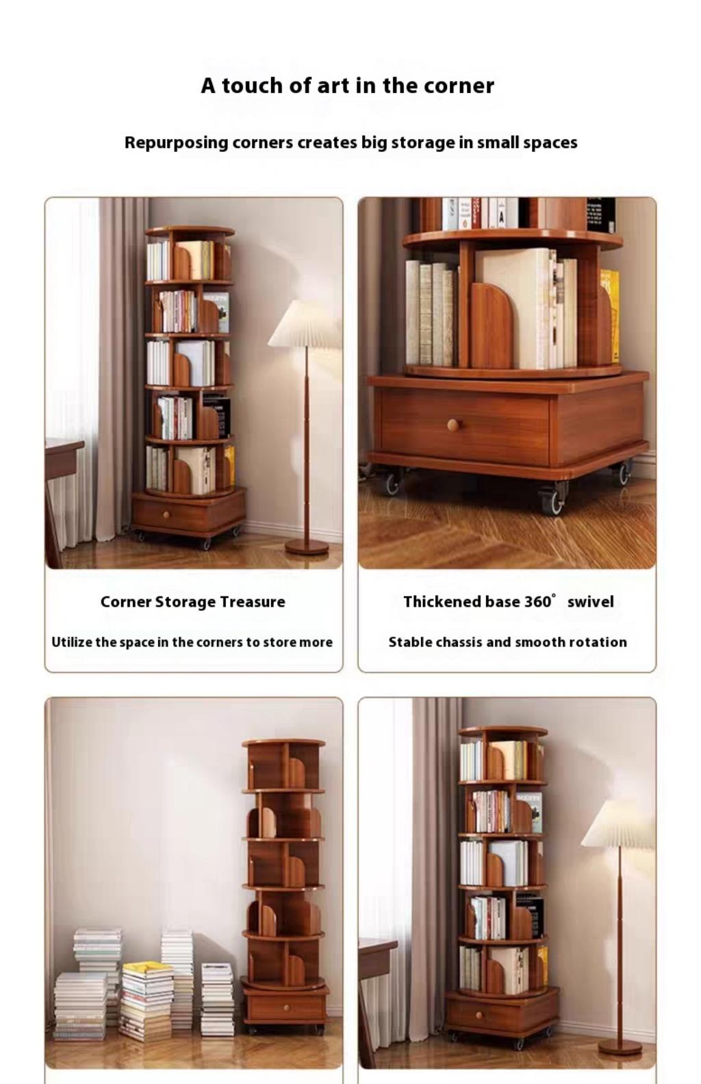 Rotating Bookshelf - 6 Tier Walnut Brown Corner Display Rack for Living Room
