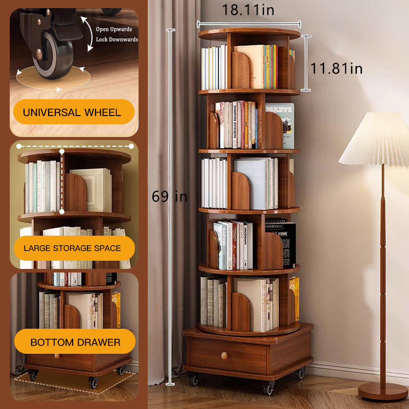 Rotating Bookshelf - 6 Tier Walnut Brown Corner Display Rack for Living Room