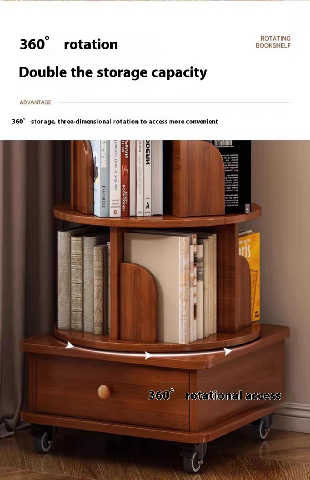 Rotating Bookshelf - 6 Tier Walnut Brown Corner Display Rack for Living Room