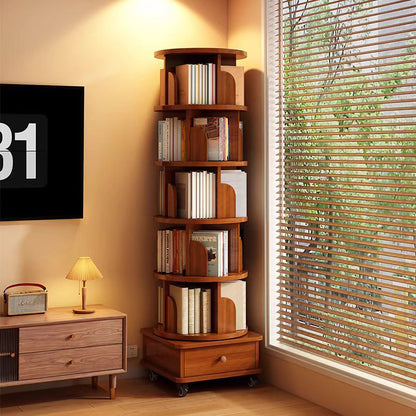 (UPGRADED) Rotating Bookshelf, 360 Display Corner Bookshelf for Small Space, 6 Tier Bookcase Storage Rack with Wheels, Wood Narrow Organizer for Bedroom, Living Room, Study Room, Walnut Brown