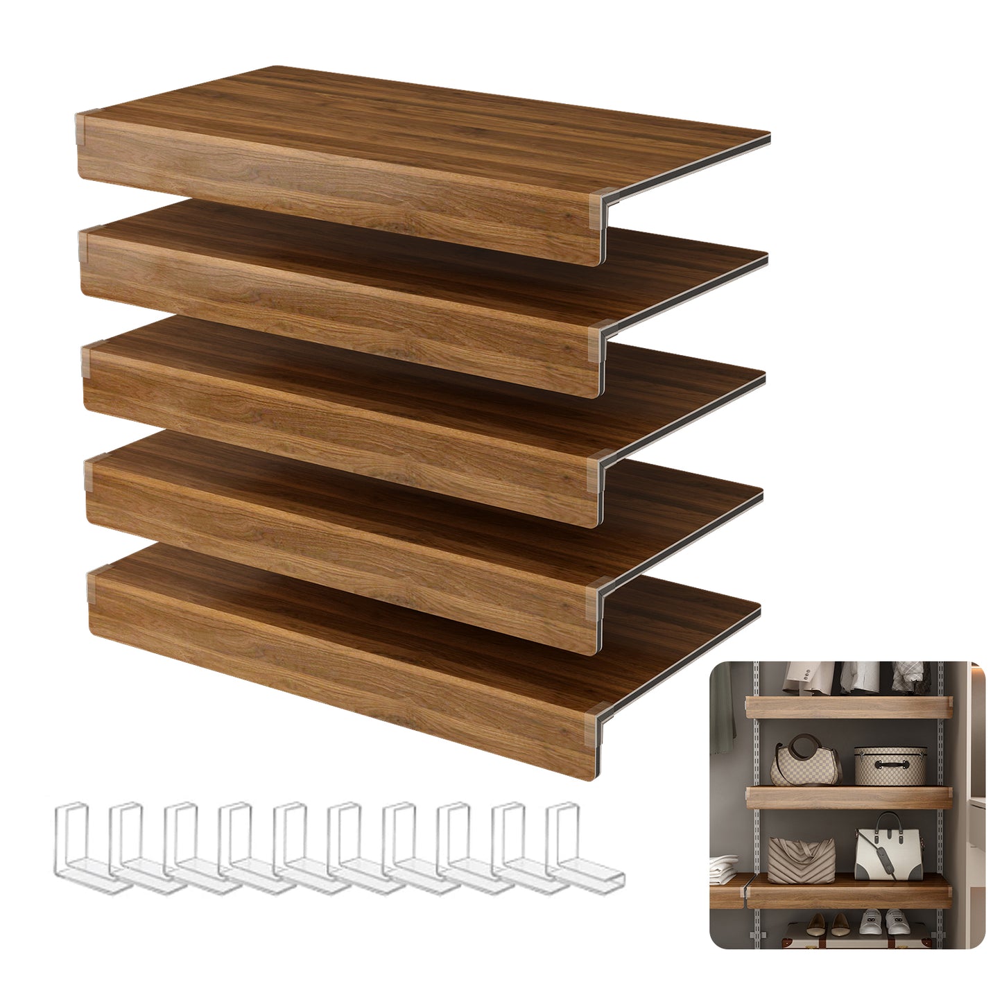 ( WALNUT Color ) 5 Pcs Wire Shelf Covers, Foamed PVC Wire Rack Covers for Removable Closet (Not Wood), Pantry Shelves for Cabinet Bathroom Kitchen Shelving Decoration