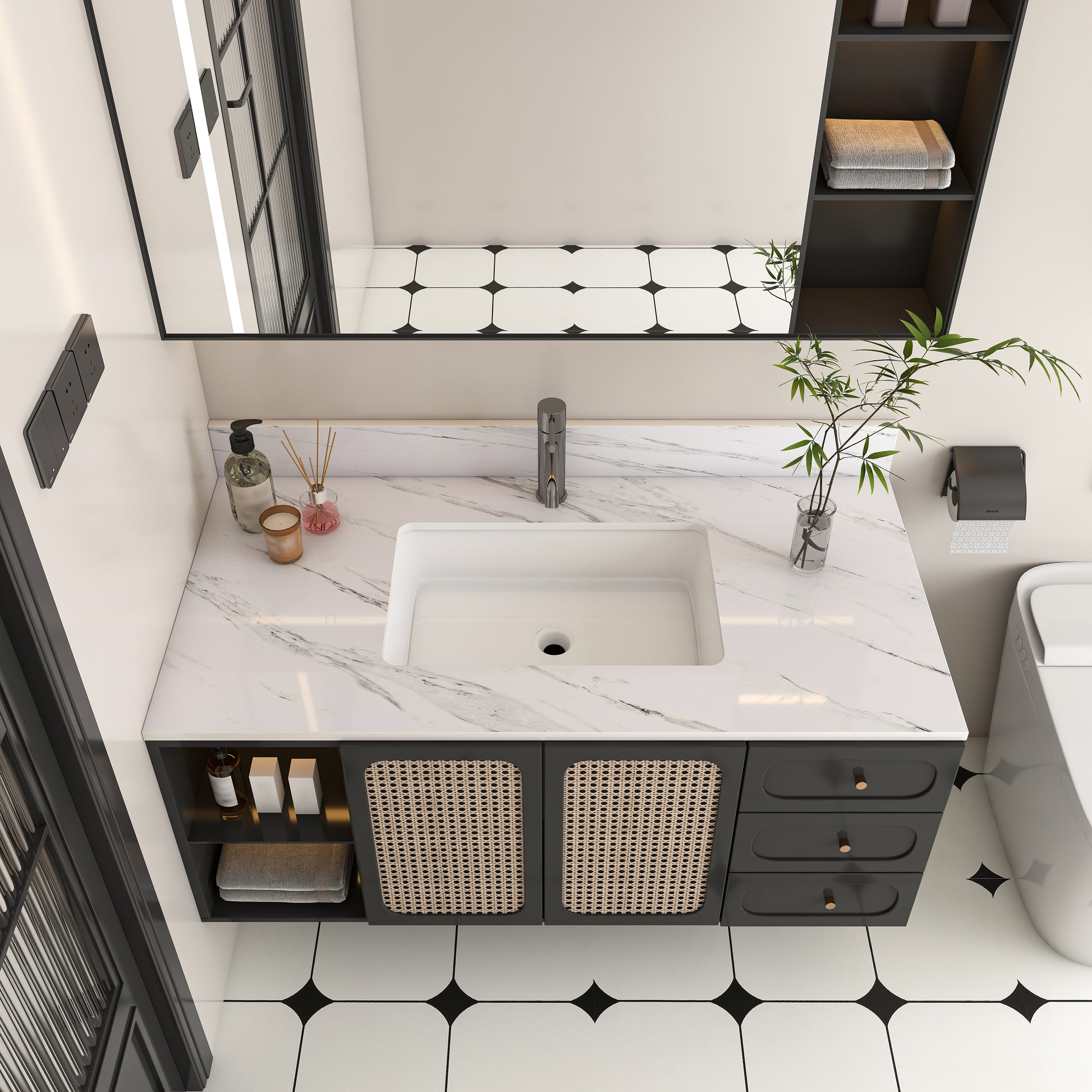 43 Inch Marble Vanity Top, White Vanity Top with 1 Pre-drilled Faucet Holes, Bathroom Vanity Top with Undermount Rectangular Middle Sink and 4" Height Backsplash,  Bianco Carrara Venato
