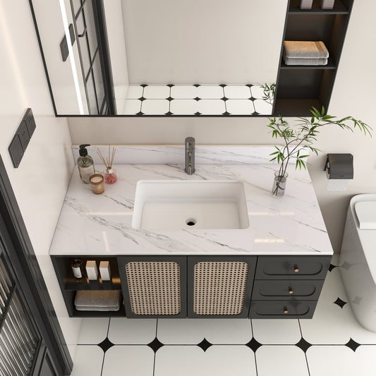43 Inch Marble Vanity Top, White Vanity Top with 1 Pre-drilled Faucet Holes, Bathroom Vanity Top with Undermount Rectangular Middle Sink and 4" Height Backsplash,  Bianco Carrara Venato