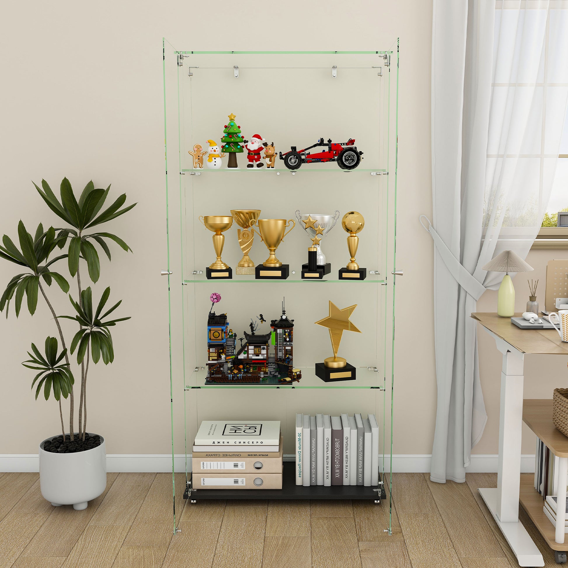 Black MDF Display Cabinet - 4 Tier Glass Showcase for Living Room