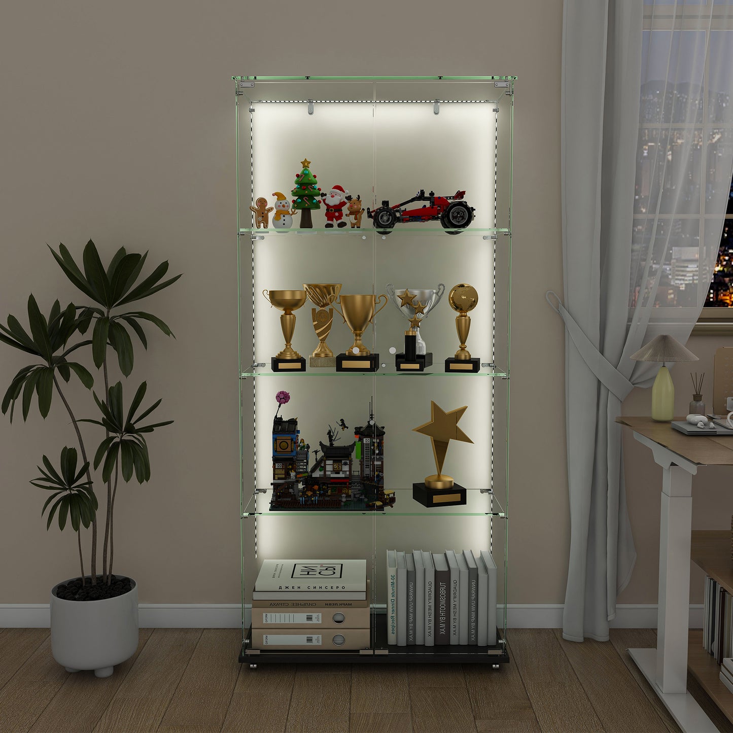 Black MDF Display Cabinet - 4 Tier Glass Showcase for Living Room