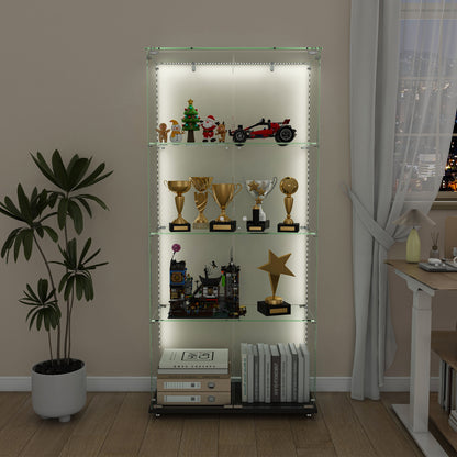 Black MDF Display Cabinet - 4 Tier Glass Showcase for Living Room