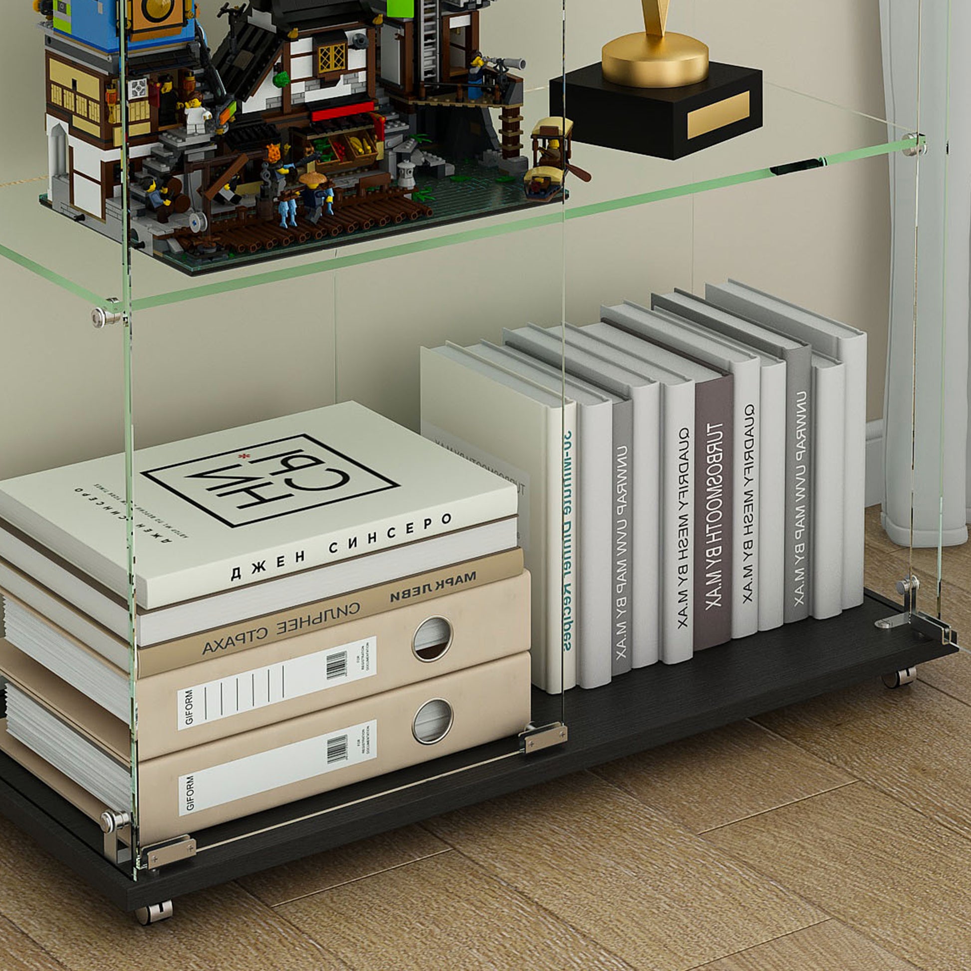 Black MDF Display Cabinet - 4 Tier Glass Showcase for Living Room