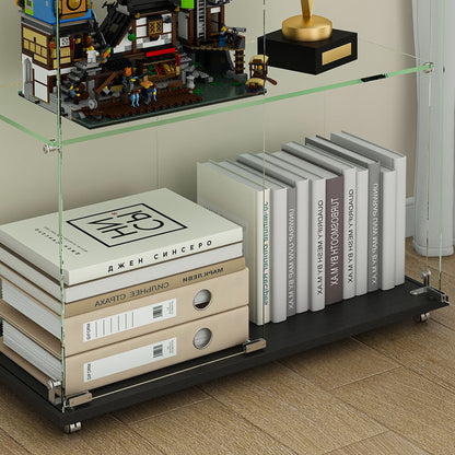 Black MDF Display Cabinet - 4 Tier Glass Showcase for Living Room