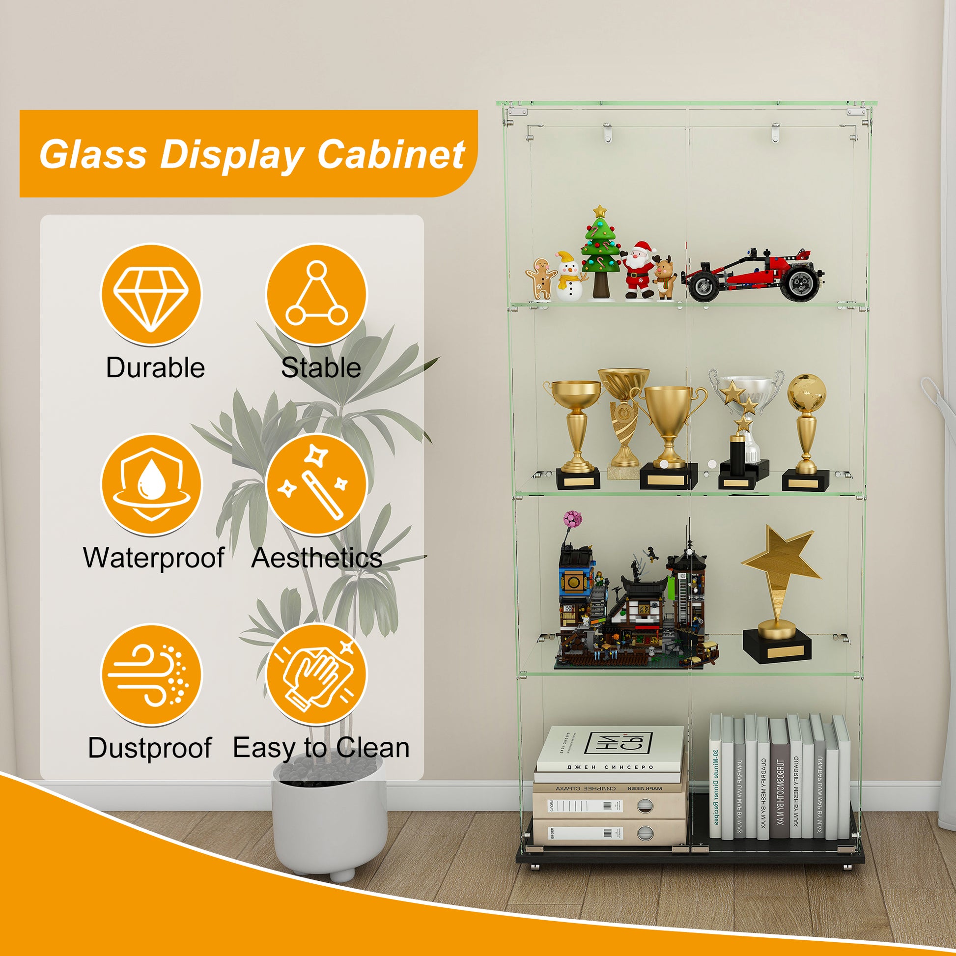 Black MDF Display Cabinet - 4 Tier Glass Showcase for Living Room