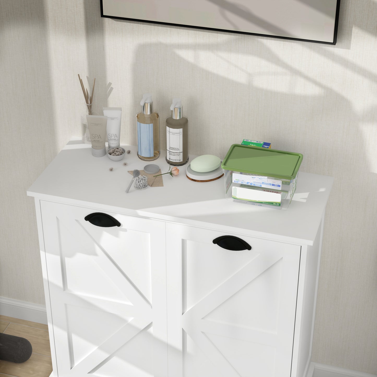White MDF Laundry Sorter Cabinet - 31.5" Wide for Living Room