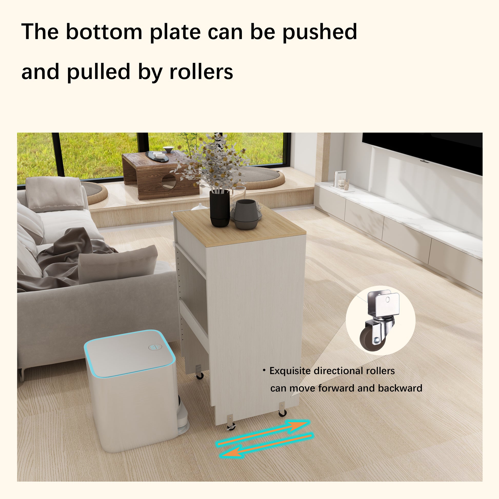 Antique White Robot Vacuum Cabinet with Wheels for Living Room