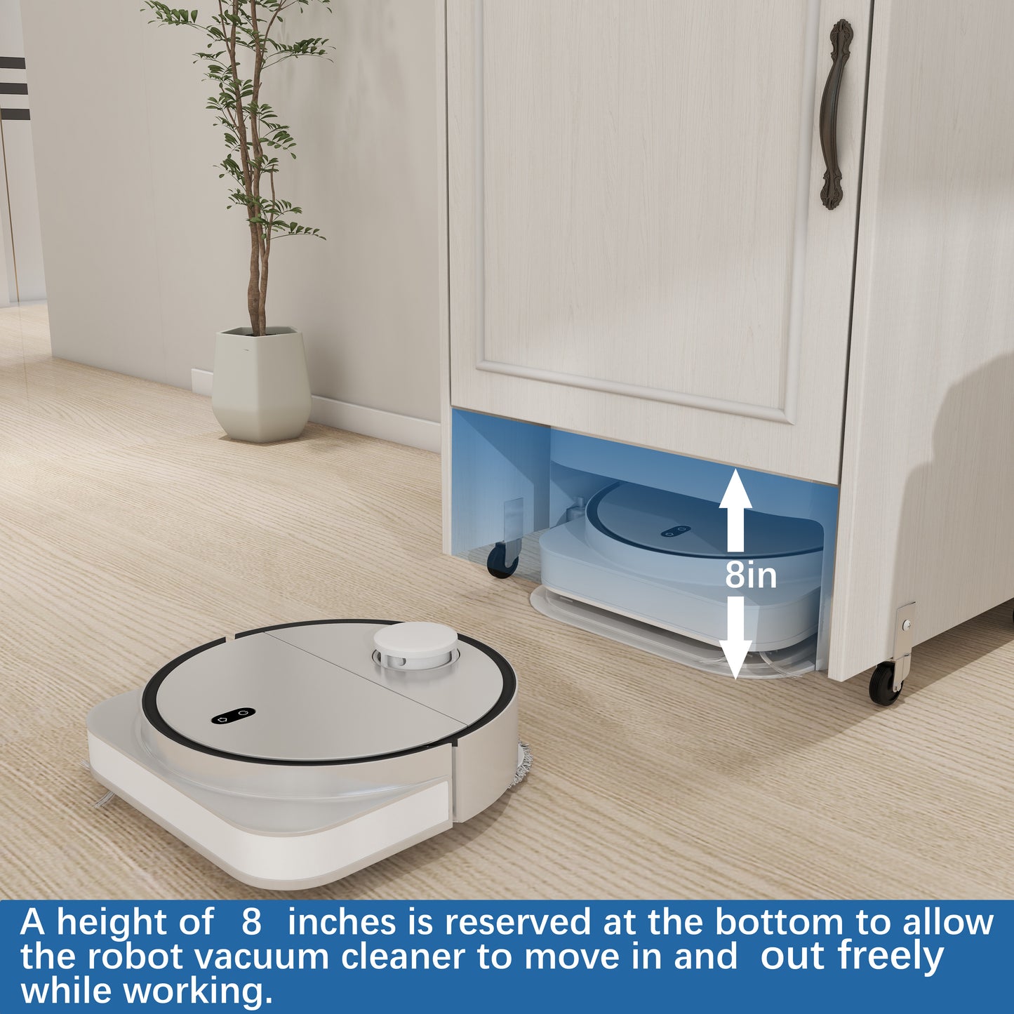 Antique White Robot Vacuum Cabinet with Wheels for Living Room