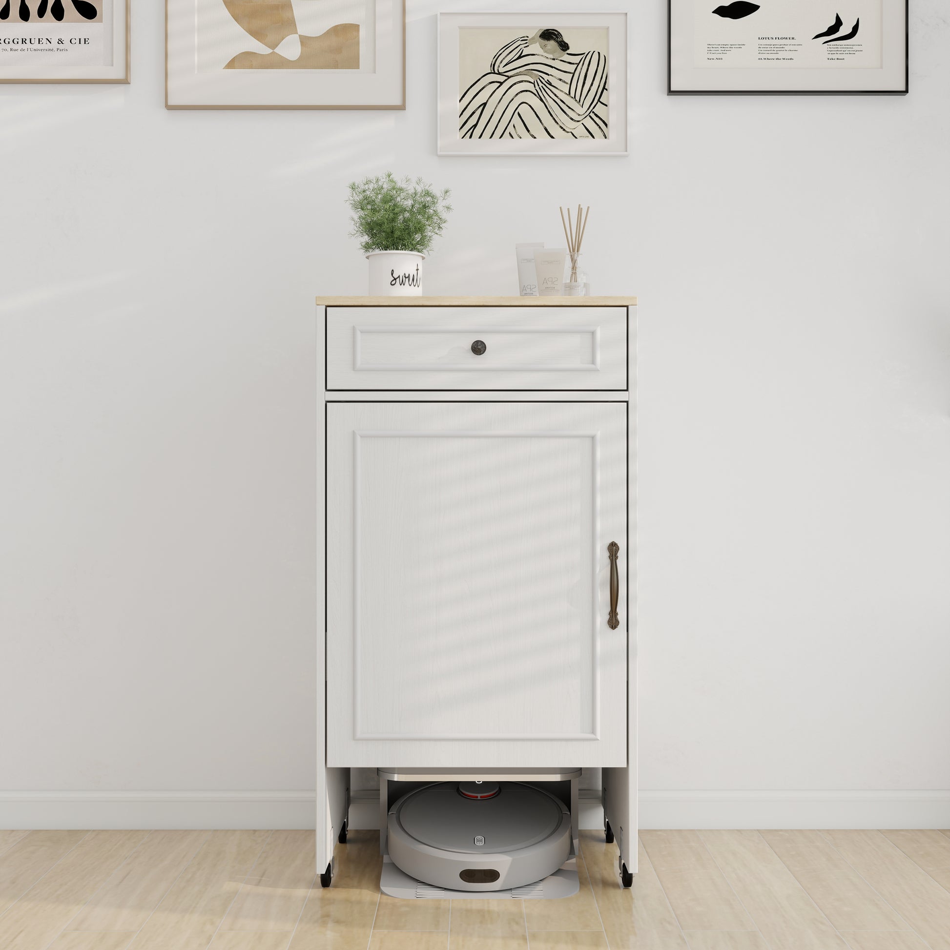 Antique White Robot Vacuum Cabinet with Wheels for Living Room