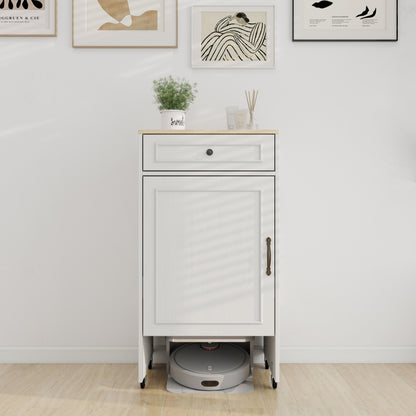 Antique White Robot Vacuum Cabinet with Wheels for Living Room