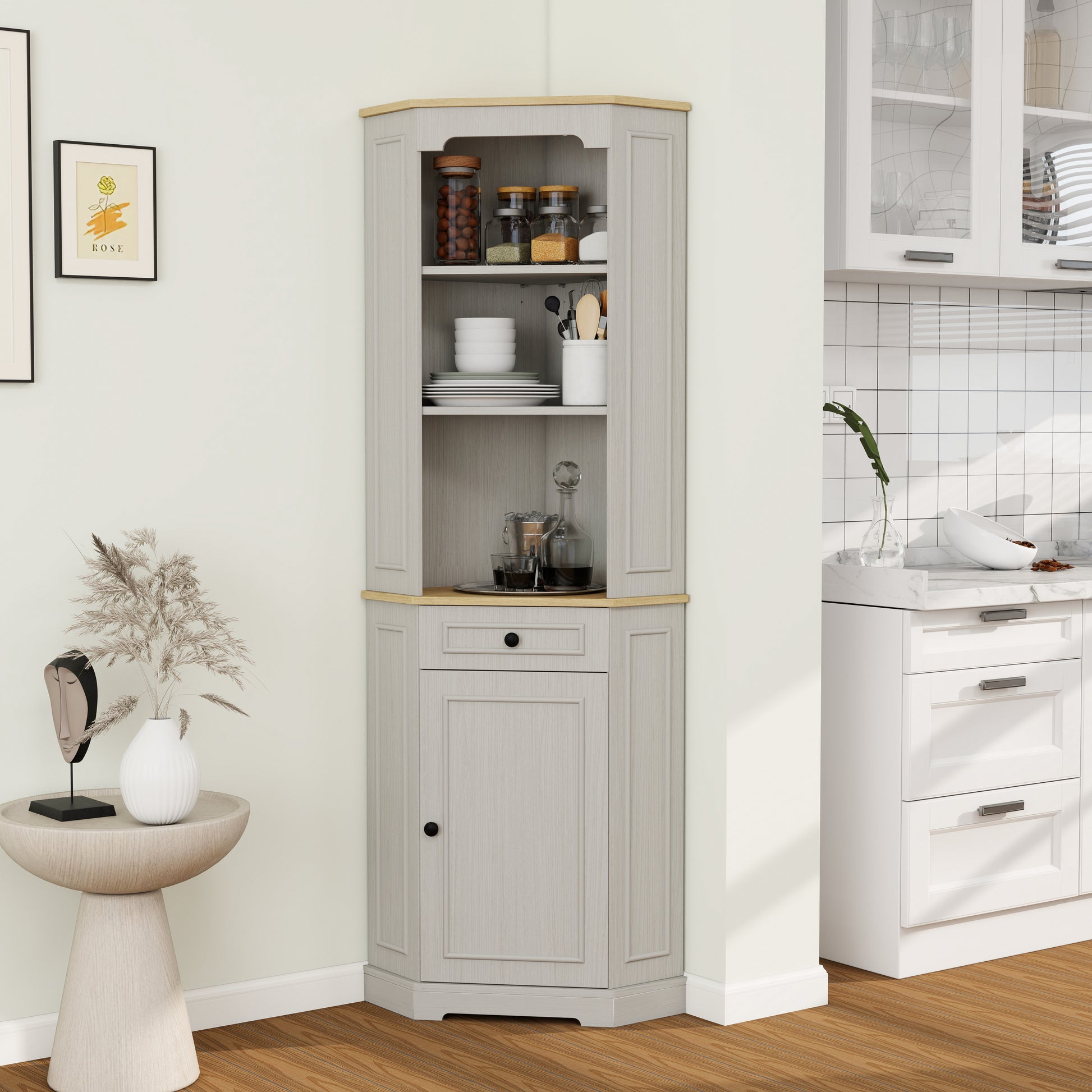 68 Inch White Corner Cabinet - Storage Cabinet with Drawer & Shelves for Living Room