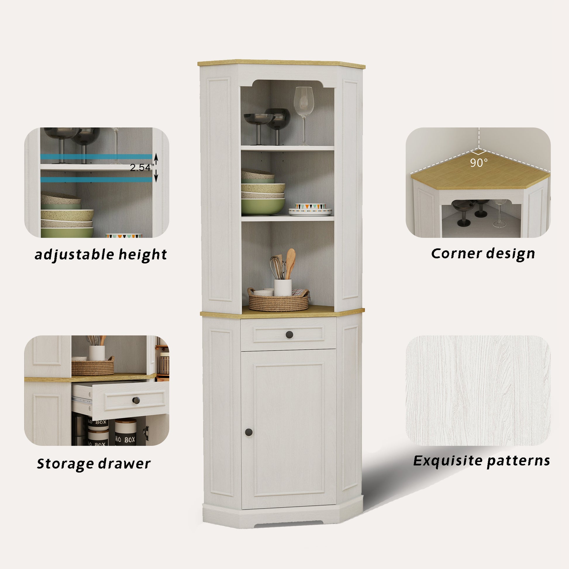 68 Inch White Corner Cabinet - Storage Cabinet with Drawer & Shelves for Living Room