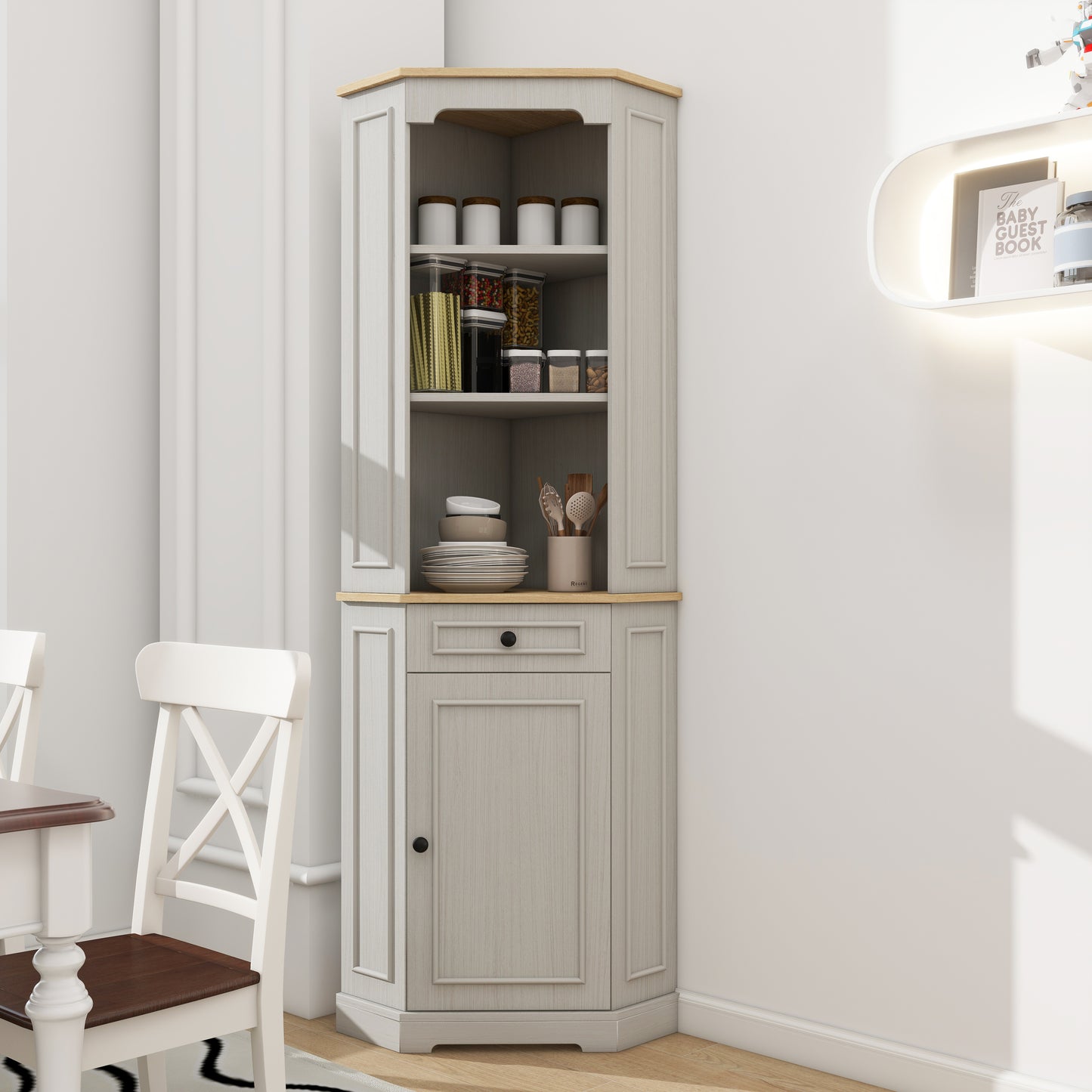 68 Inch White Corner Cabinet - Storage Cabinet with Drawer & Shelves for Living Room