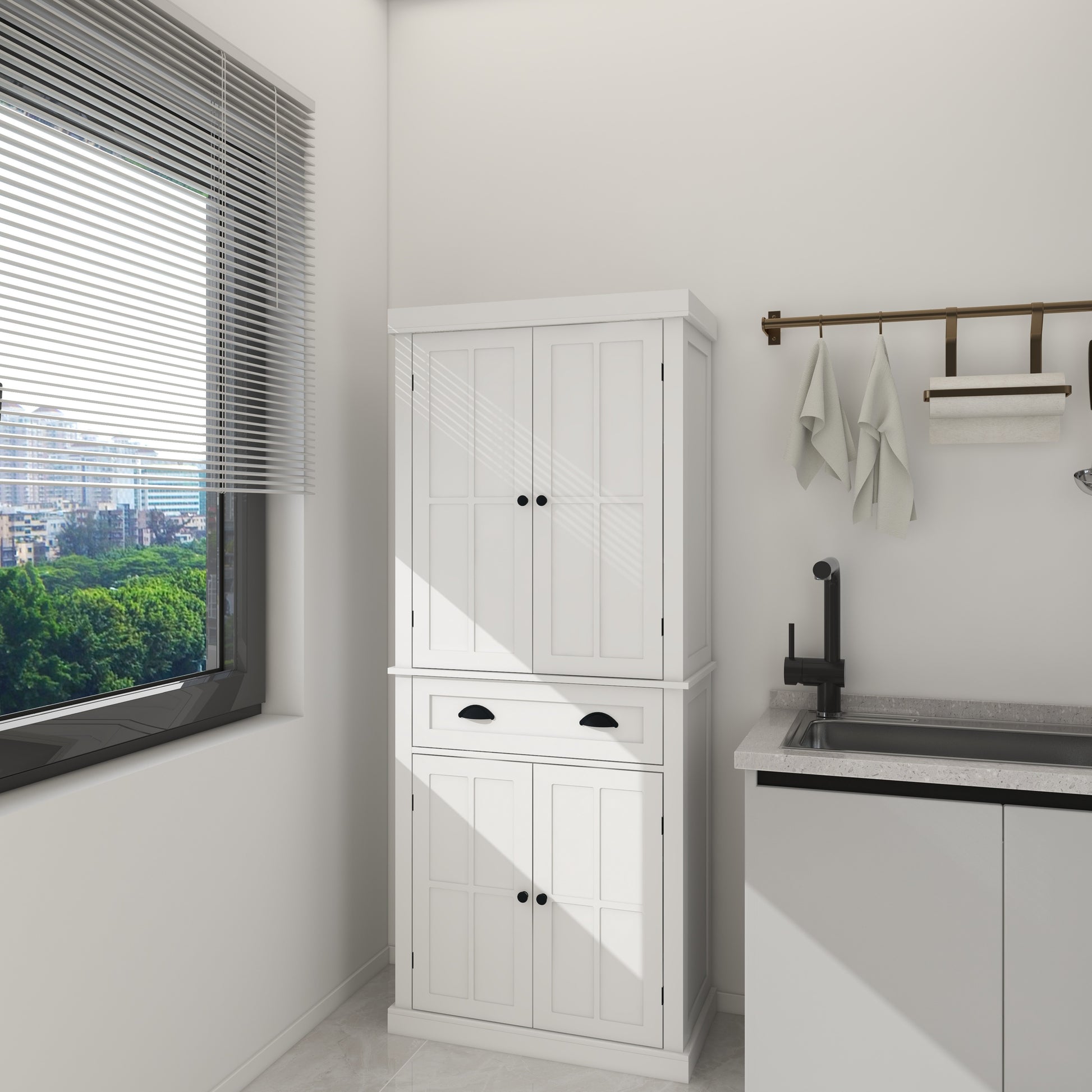 71" White Kitchen Pantry Cabinet - 4 Doors, Drawer & Adjustable Shelves