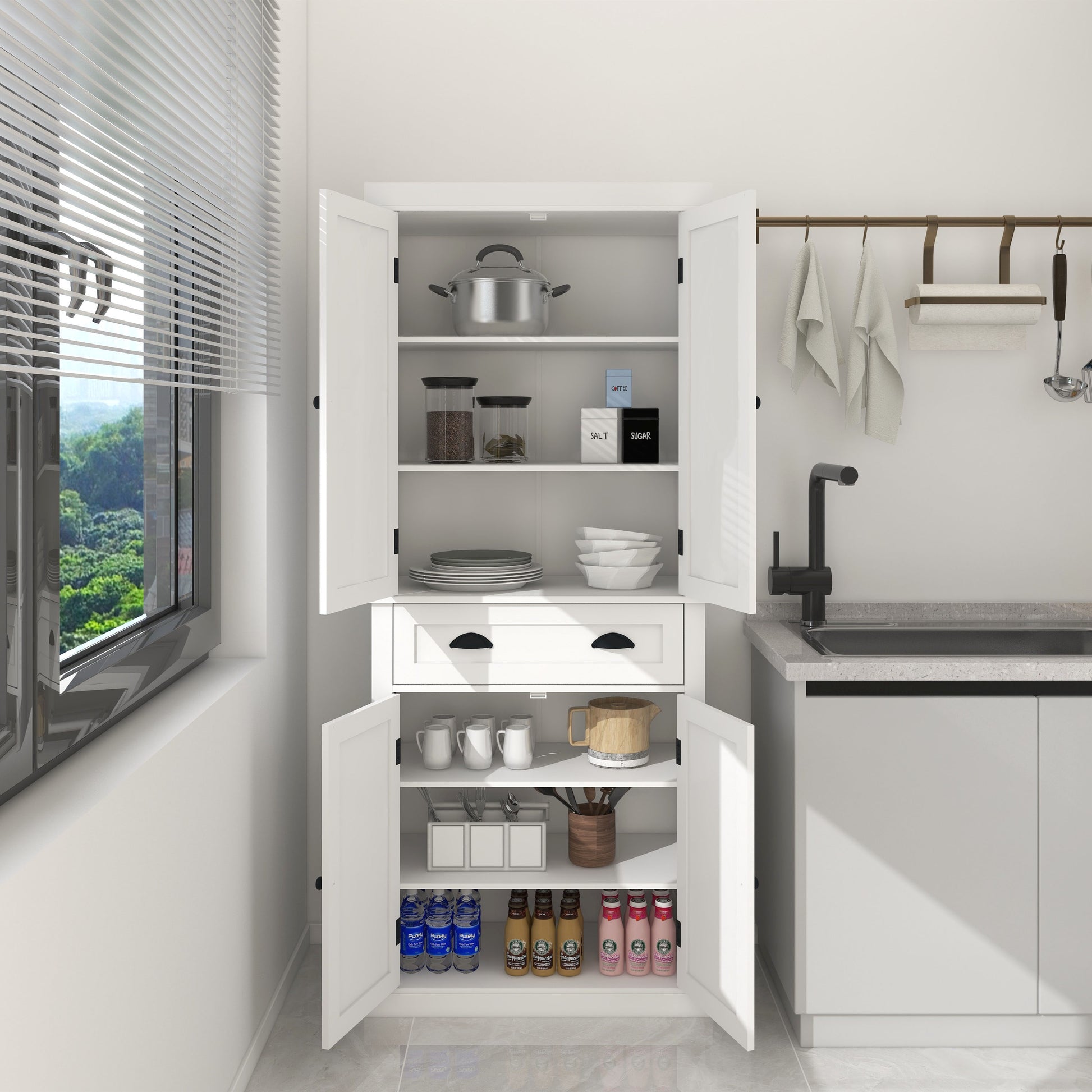 71" White Kitchen Pantry Cabinet - 4 Doors, Drawer & Adjustable Shelves
