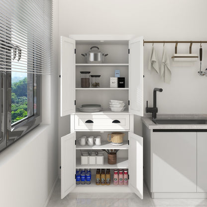 71" White Kitchen Pantry Cabinet - 4 Doors, Drawer & Adjustable Shelves