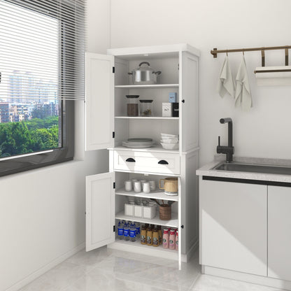 71" White Kitchen Pantry Cabinet - 4 Doors, Drawer & Adjustable Shelves
