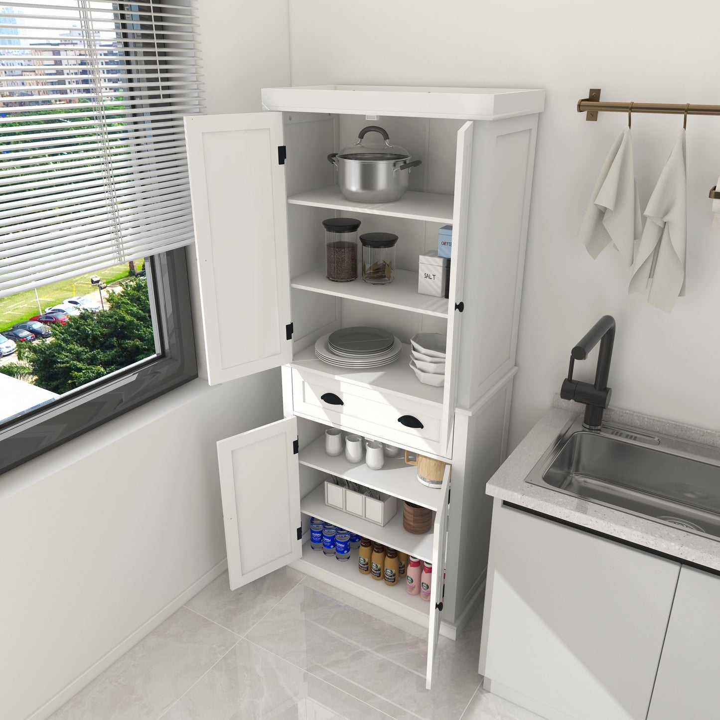 71" White Kitchen Pantry Cabinet - 4 Doors, Drawer & Adjustable Shelves