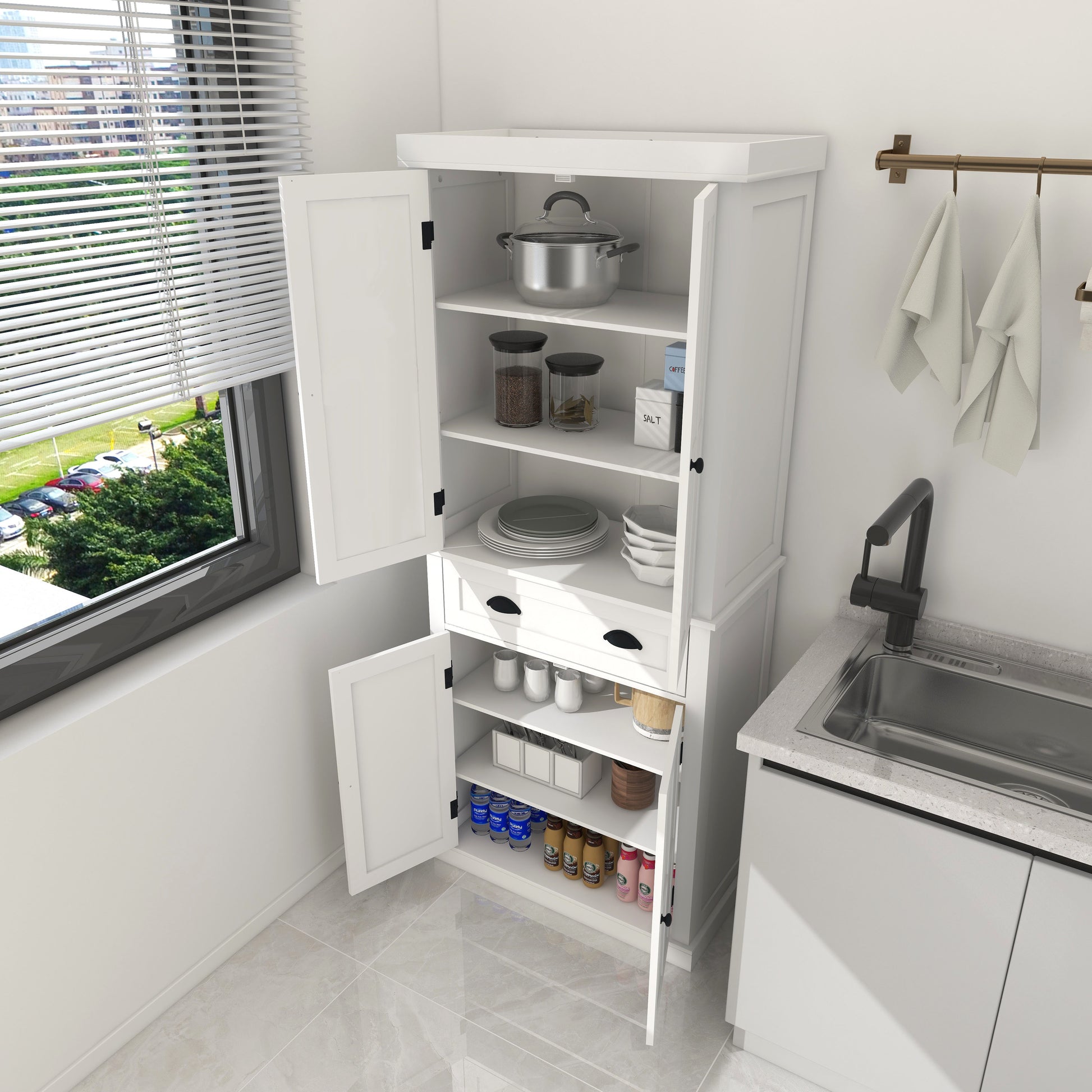71" White Kitchen Pantry Cabinet - 4 Doors, Drawer & Adjustable Shelves