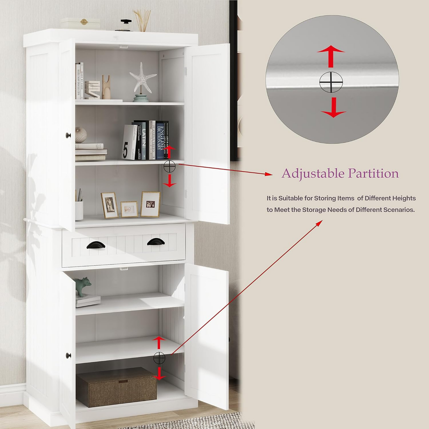 71" White Kitchen Pantry Cabinet - 4 Doors, Drawer & Adjustable Shelves